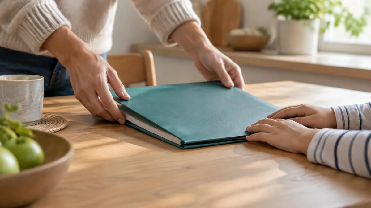 A parent and child's hands placing a small family folder on a table, no faces