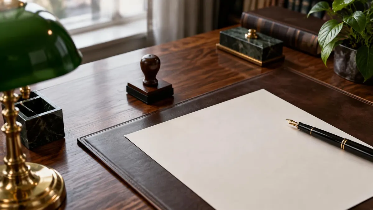 A notary desk with a stamp, pen and blank sworn statement form, no readable text