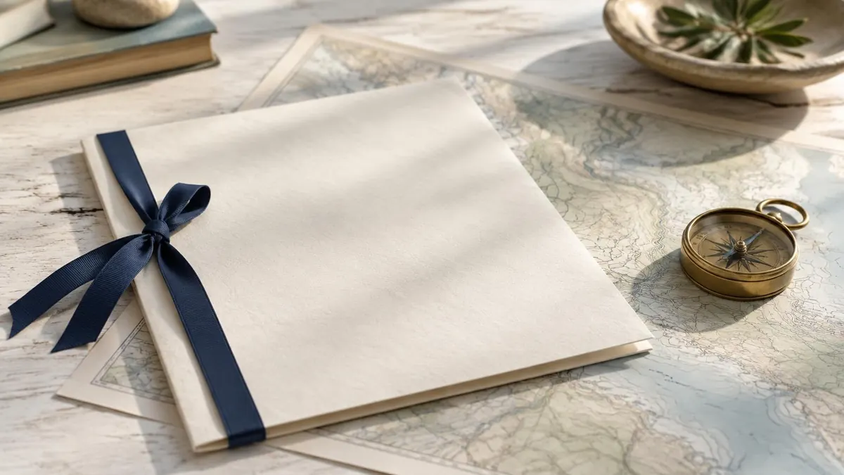 A certified document with a ribbon-tied corner resting on a map