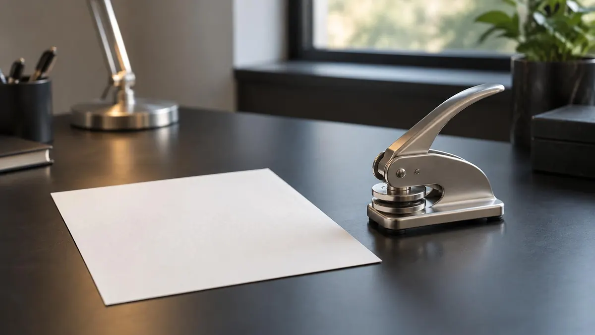 A stamped certificate sheet and a small embossing seal tool on a plain desk, no text visible