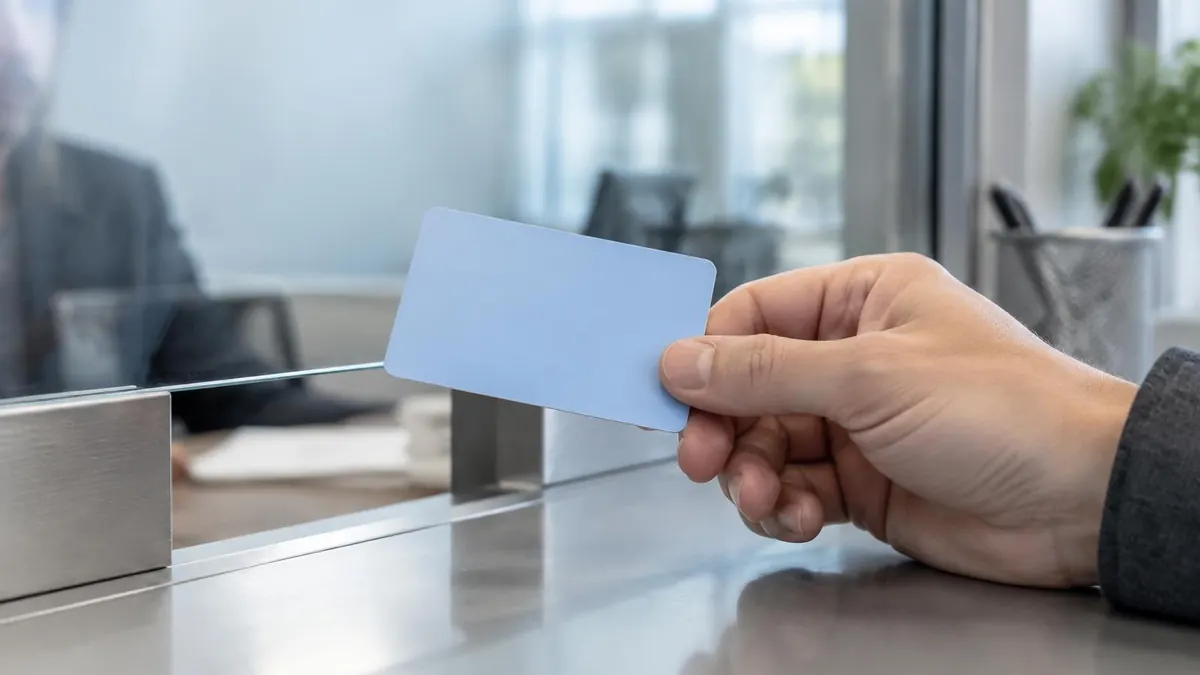 A hand holding a state identification card at a records office service window