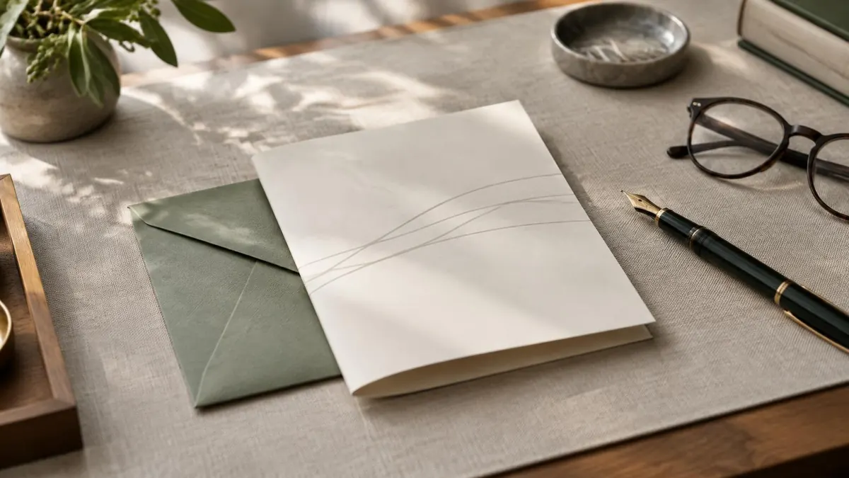 An envelope and a folded policy document on a desk with a pen