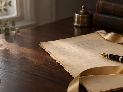 An aged paper document with a gold ribbon and fountain pen on a wood desk