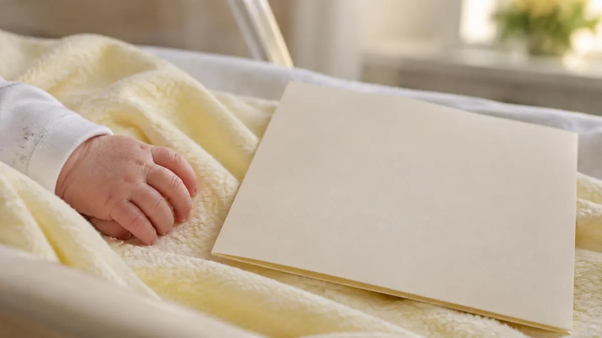 A newborn's hand resting on a folded hospital blanket next to a blank certificate folder
