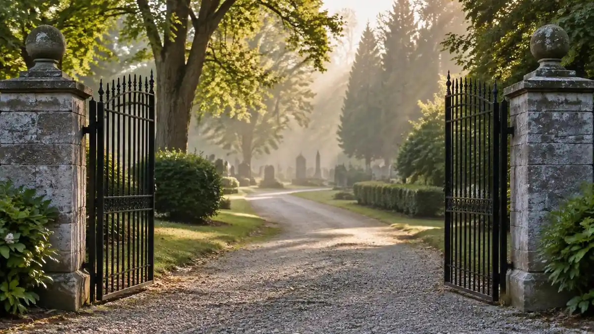 A cemetery gate with a gravel path and mature trees in soft morning light