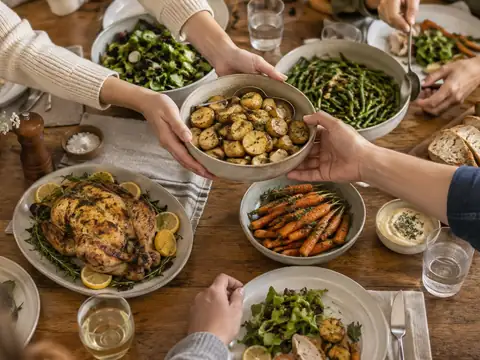 Hands passing dishes around a family dinner table