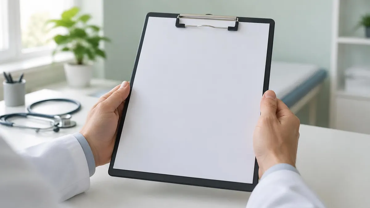 A physician's hands holding a clipboard with a blank medical form in a quiet office