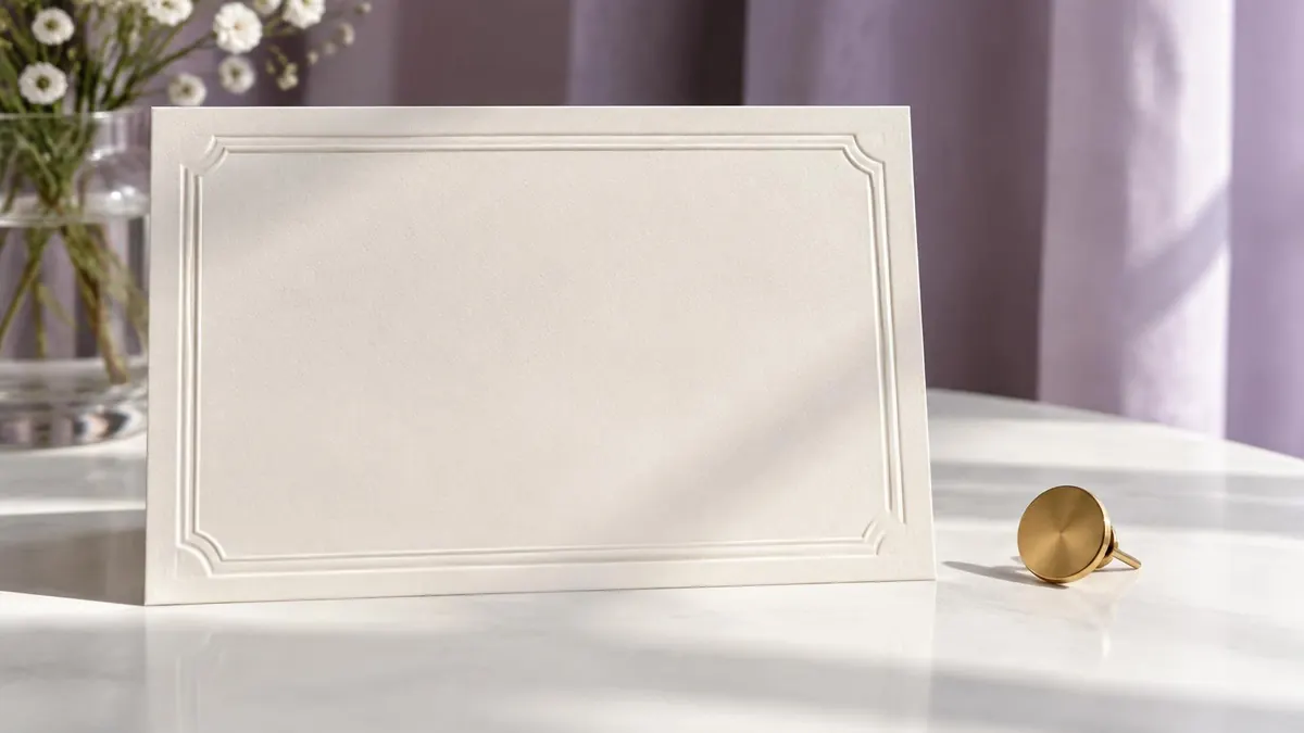 A certificate-style document with an embossed border resting on a table beside a flag pin, no readable text