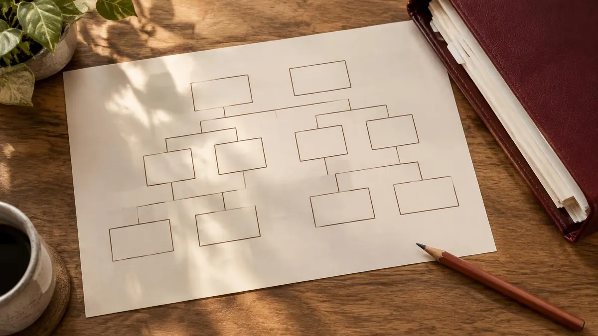 A genealogy chart and a pen on a desk with a folder of certified records