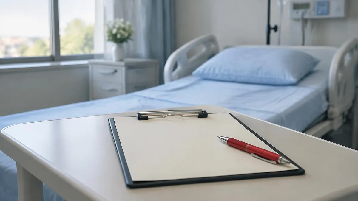 A hospital bedside clipboard with a blank form and pen, no readable text