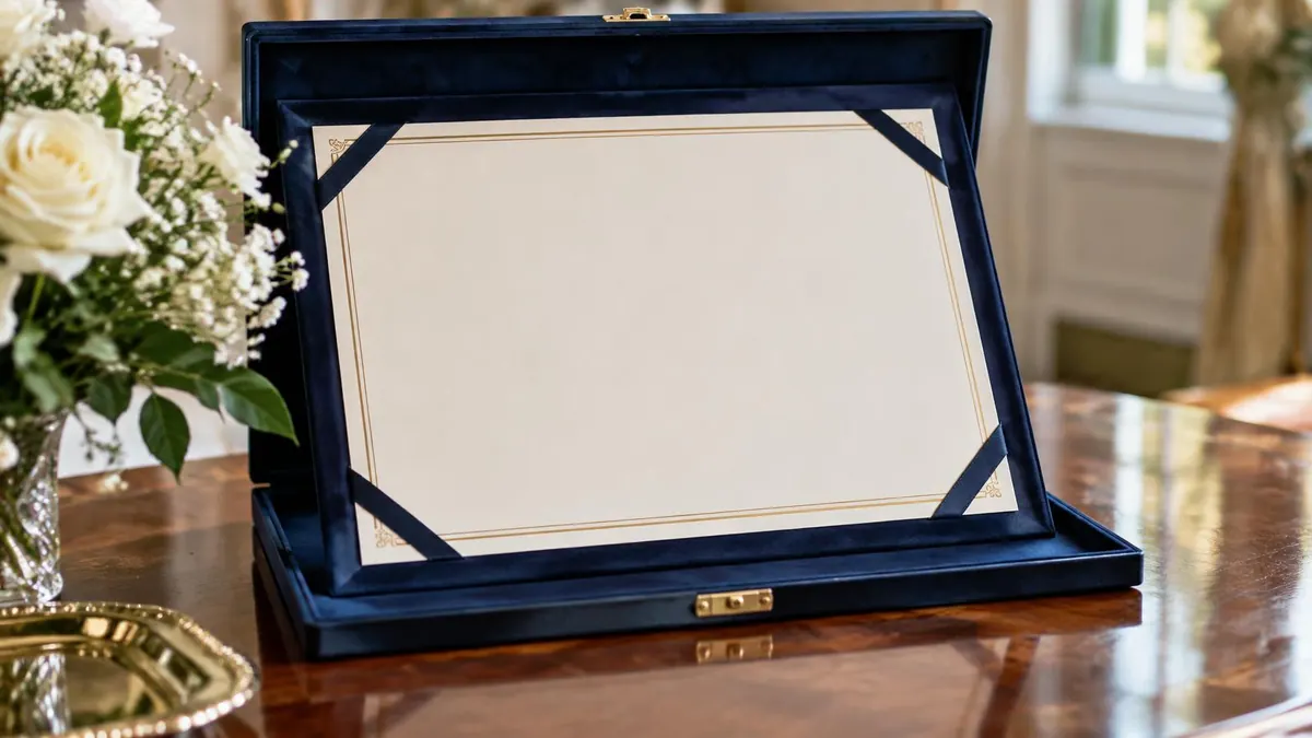 A ceremonial certificate on a table next to a small flag, no readable text