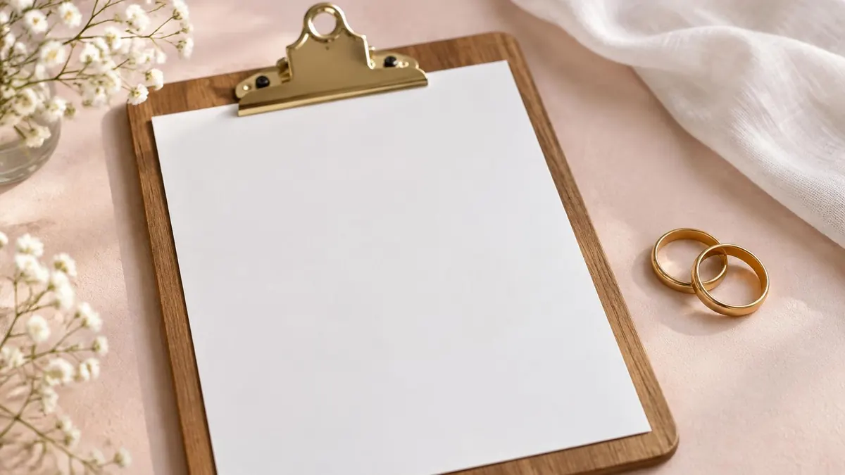 A signed statement on a clipboard beside a pair of wedding rings, no text visible