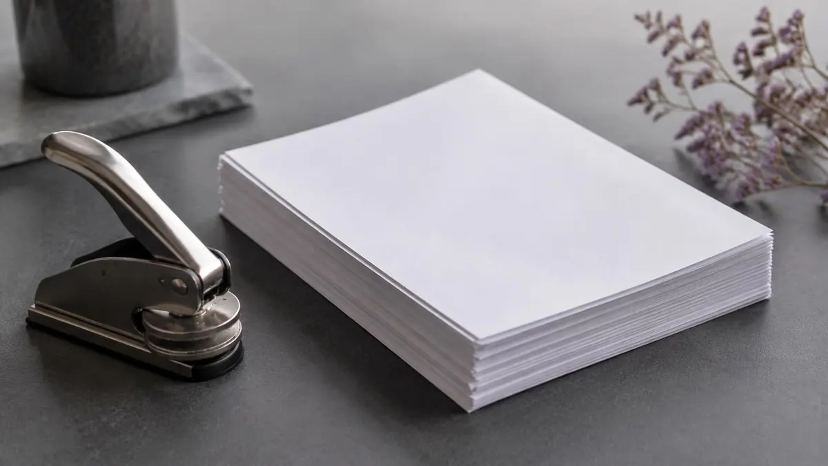 A stack of official paper copies with a metal embossing stamp resting on top