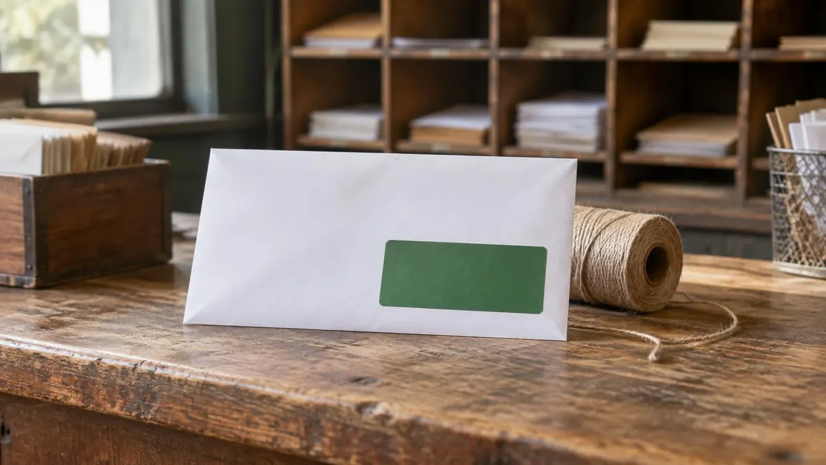 A white envelope with a green and white tracking label on a postal counter