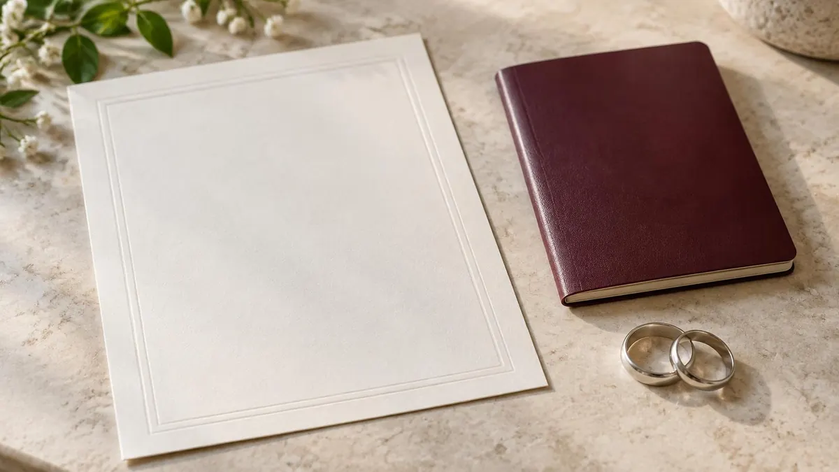A marriage record with an embossed seal beside a passport on a desk
