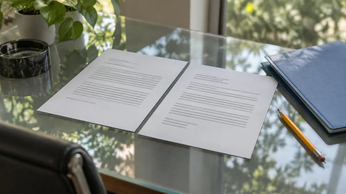 A translator's desk with a bilingual dictionary, notepad and a certificate in a folder
