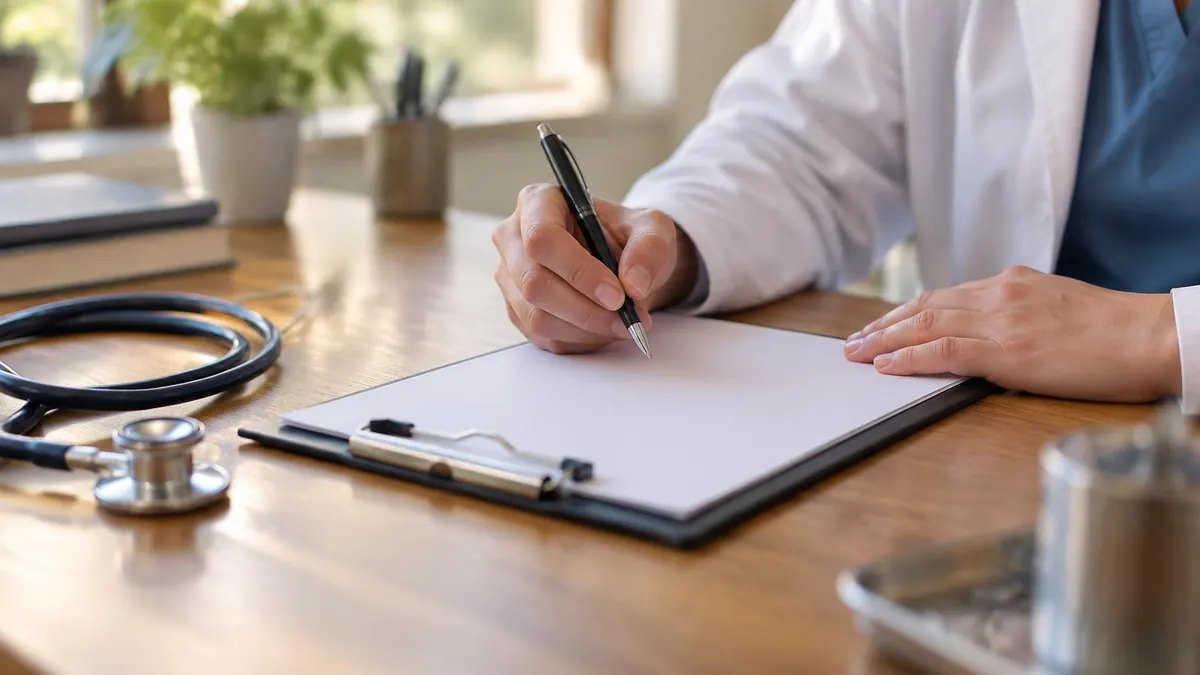A hand signing a form on a clipboard beside a stethoscope
