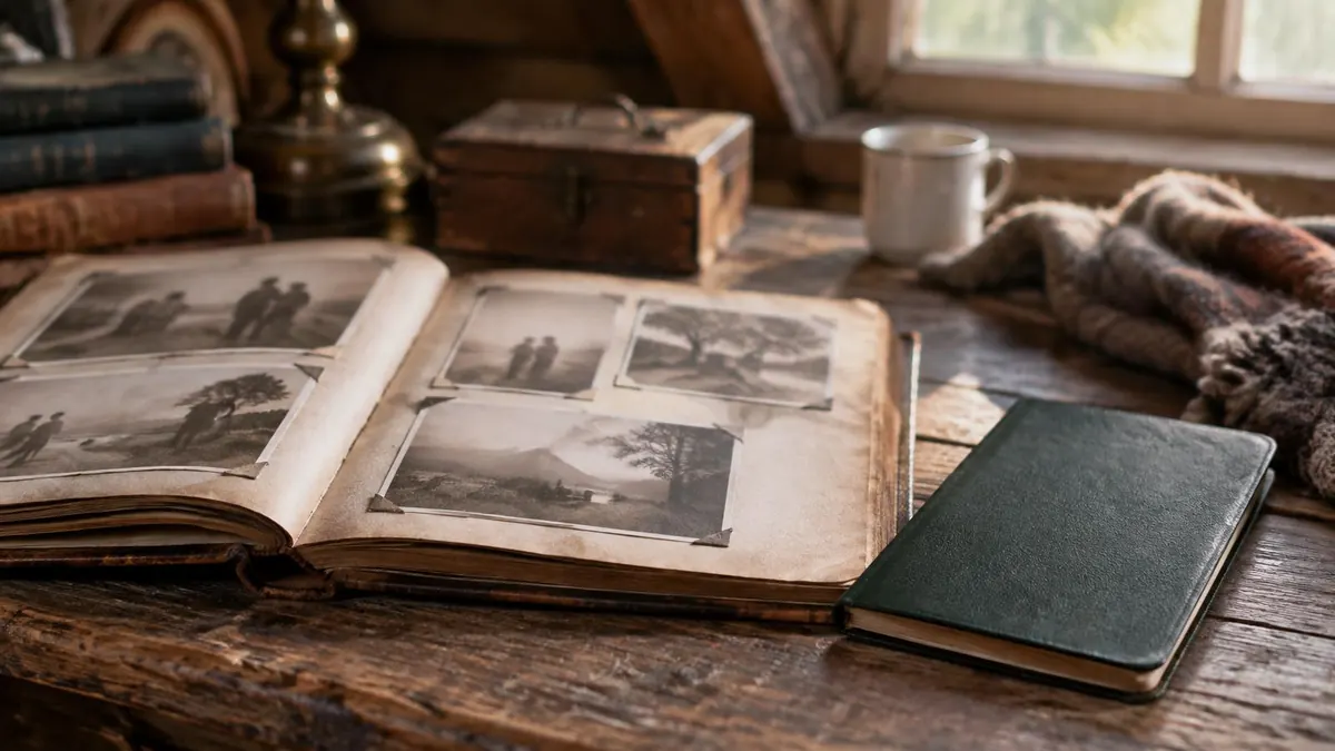 An old family photo album open beside a folded passport cover on a wooden desk