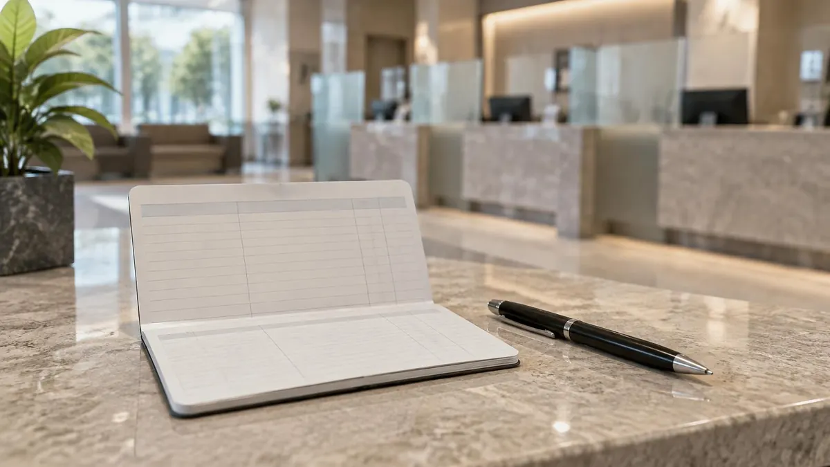 A bank passbook and a pen on a counter with a blurred branch interior behind