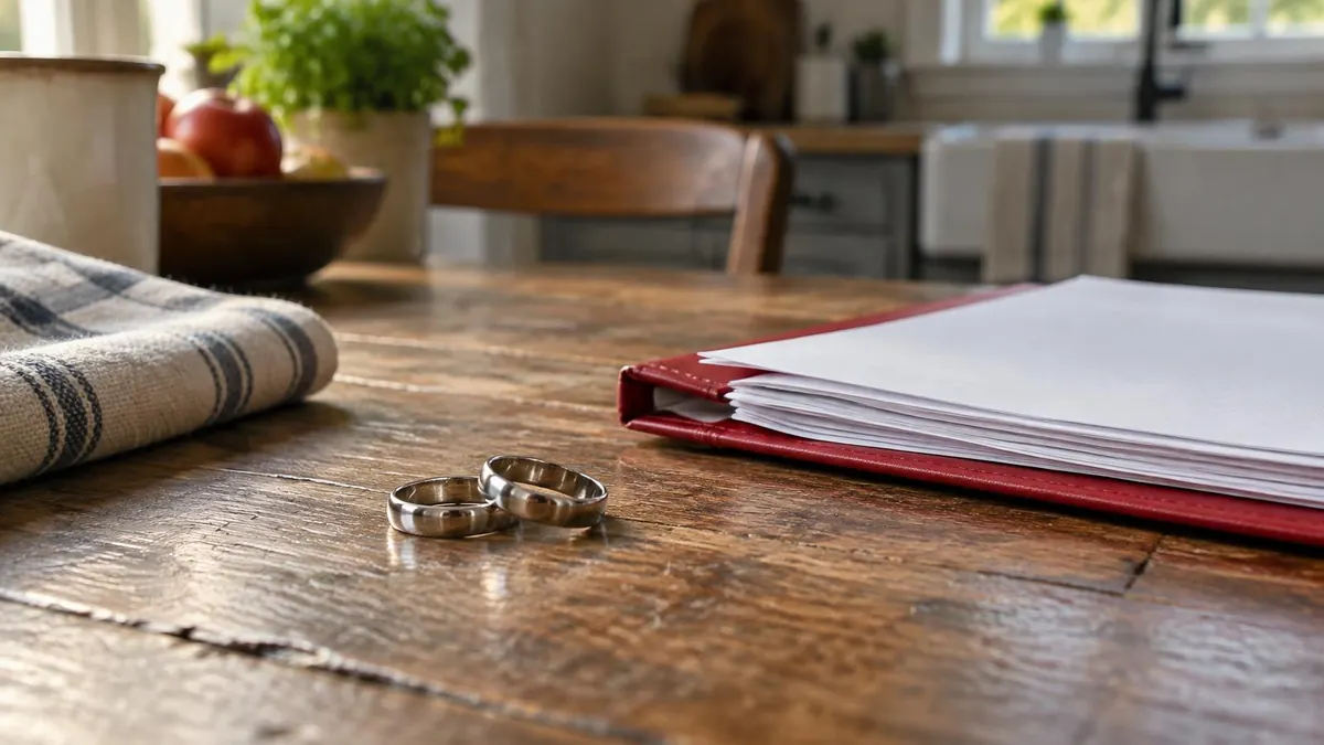 Two wedding rings resting on a kitchen table next to a folder of household papers