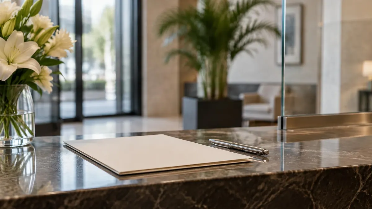 A U.S. embassy front desk with an official document folder and a pen, no readable text