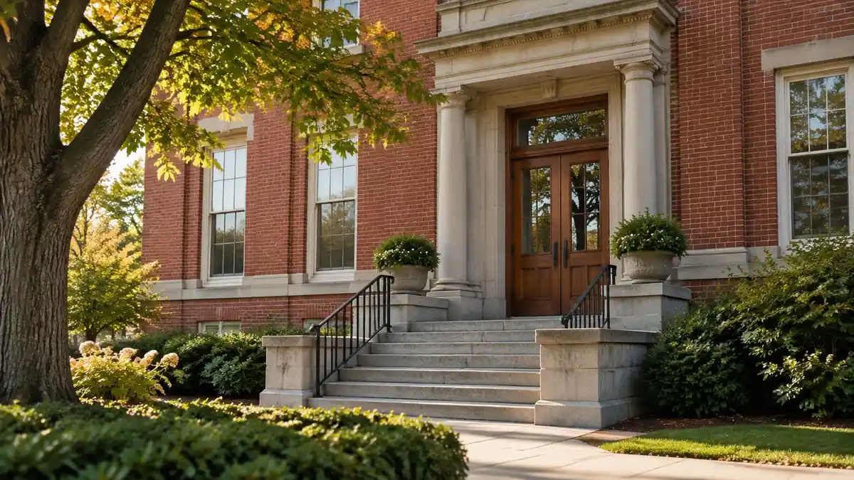 A county office building entrance with a flag and quiet steps in morning light