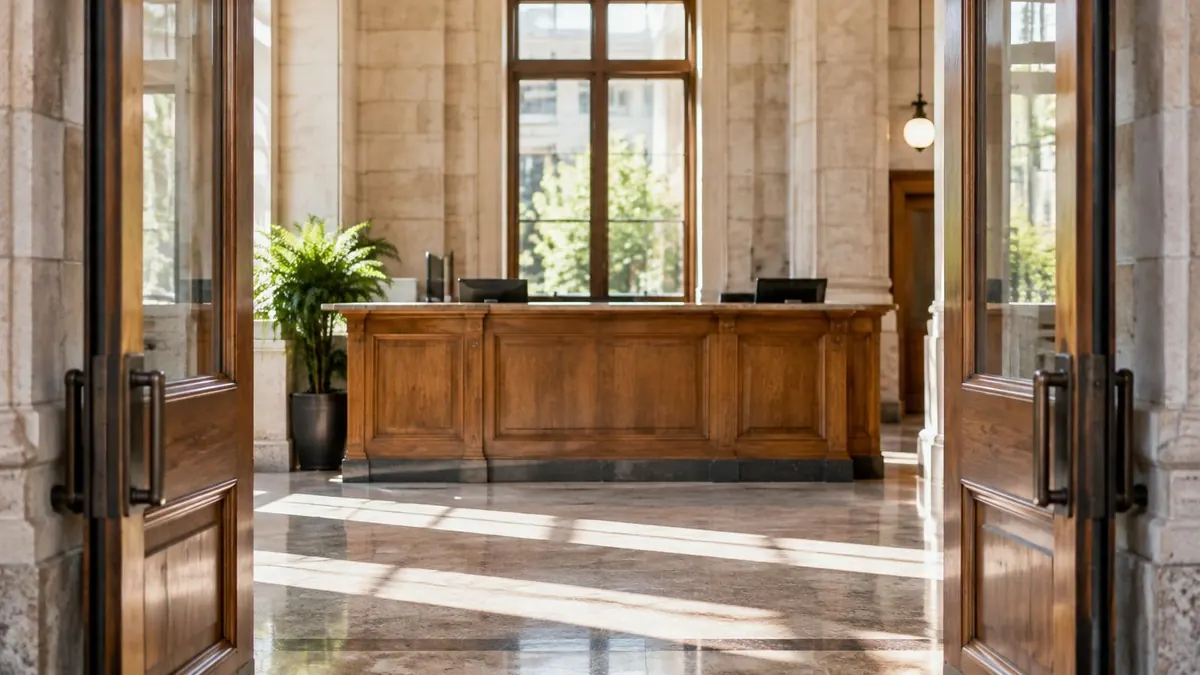 A county government building entrance with a service counter inside, no readable text