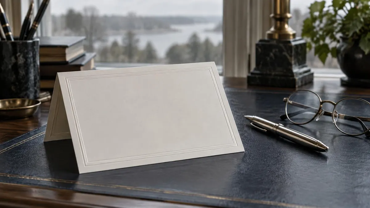 A folded official certificate on a desk beside a pen and reading glasses