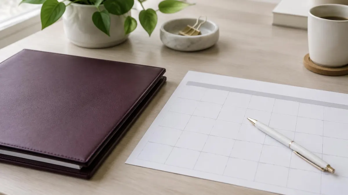 A calendar page with a pen resting on a closed court folder