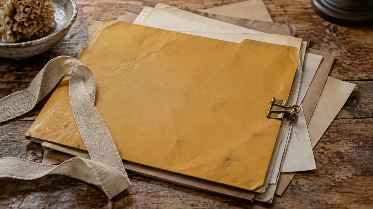 An older paper file folder with supporting documents fanned out on a table