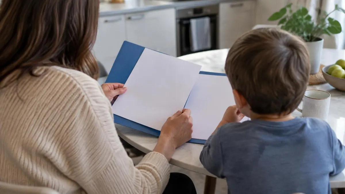 A parent and young child looking over a folder of family papers at a kitchen table