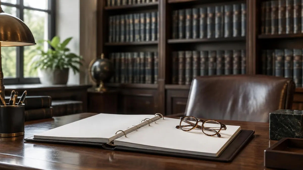 A law library desk with an open binder and a pair of reading glasses