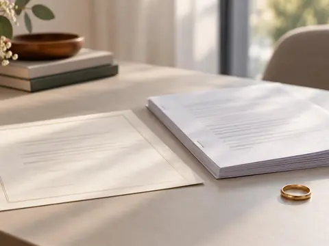 A short certificate and a stapled multipage document beside a wedding ring