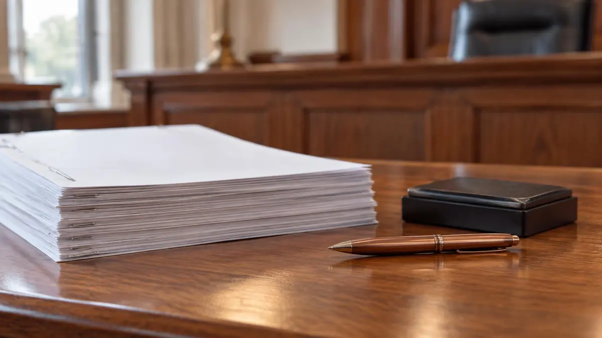 A stack of court documents with a pen beside a clerk's stamp pad on a counter