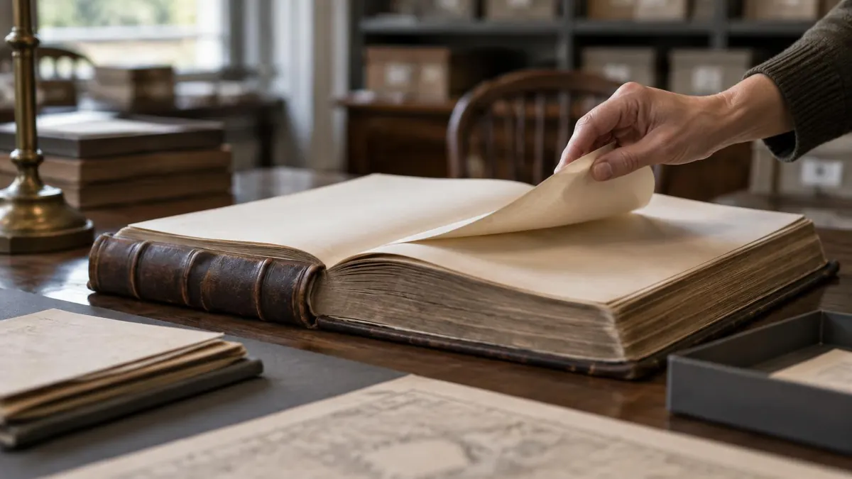 A researcher's hand turning pages in a large county records ledger