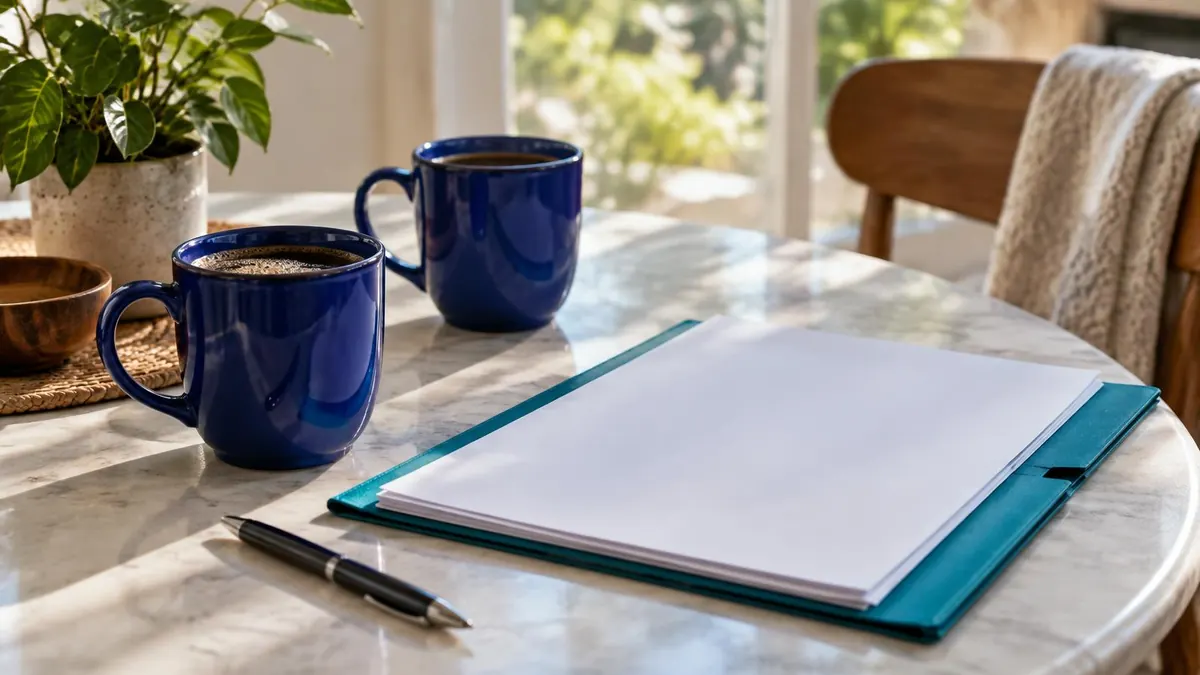 Two coffee mugs on a table beside a folder of registration papers