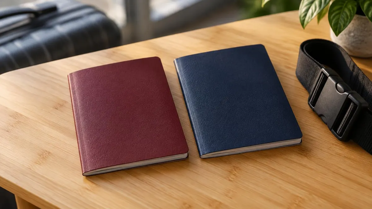 Two passport covers from different countries lying side by side on a table