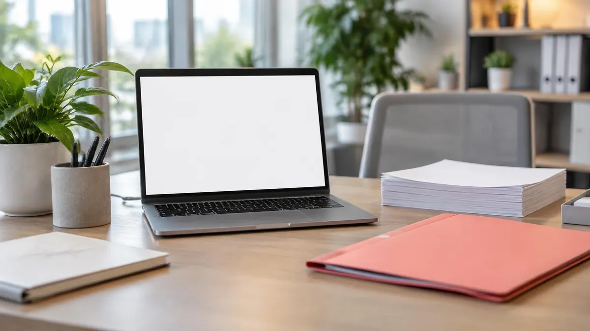A human resources desk with a laptop, a folder and a stack of new-hire paperwork