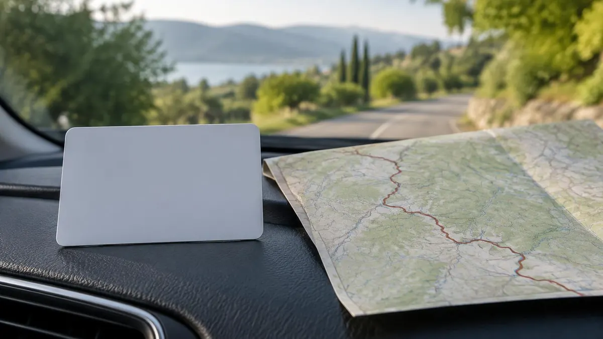 A driver's license on a table beside a map of a land border crossing, no readable text