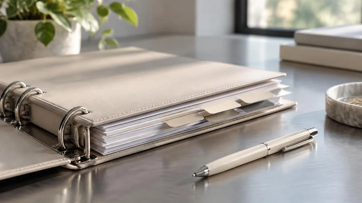 A desk with a ring binder, folder tabs and a pen arranged neatly