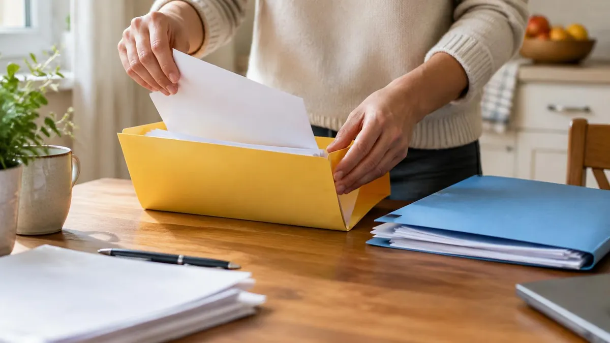 A person's hands sorting papers into folders at a kitchen table