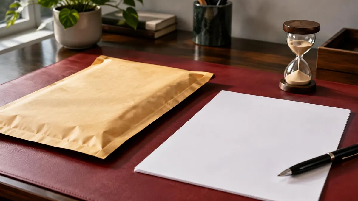 An overnight mail envelope on a desk next to a completed application form