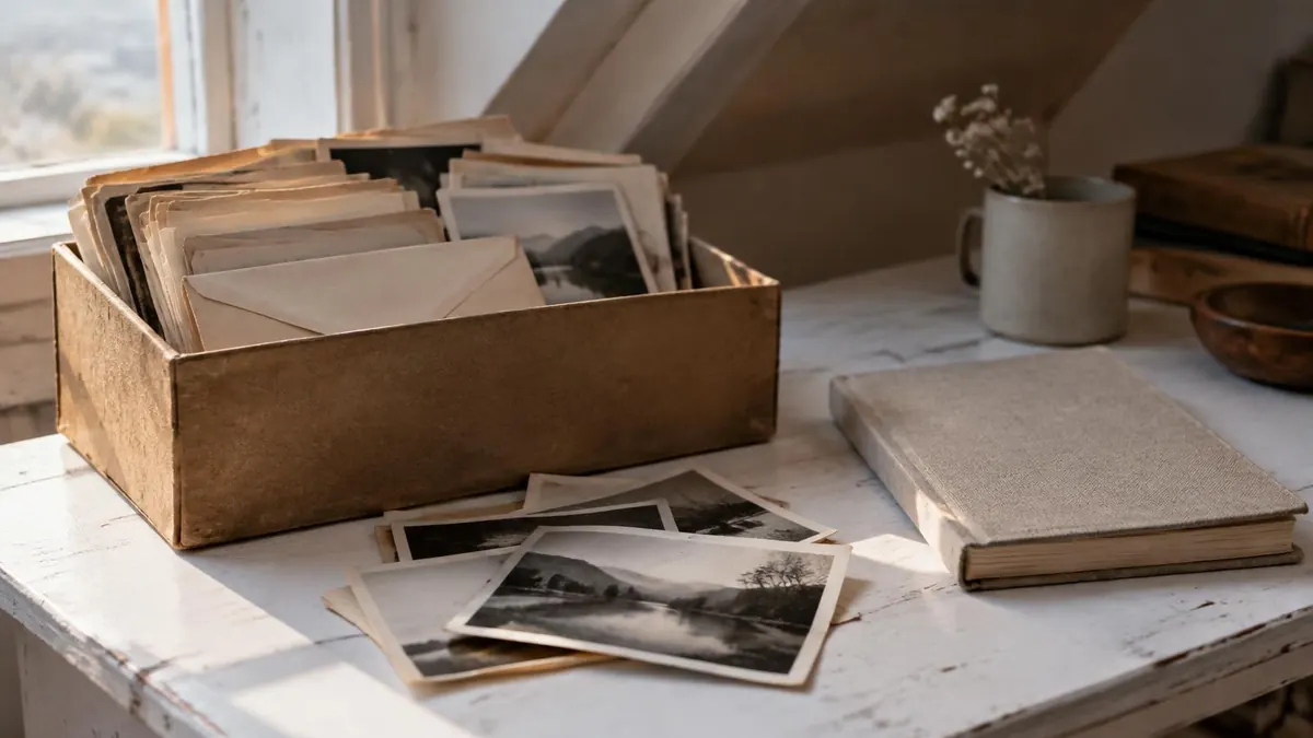 A box of old family letters and photographs on a table beside a notebook