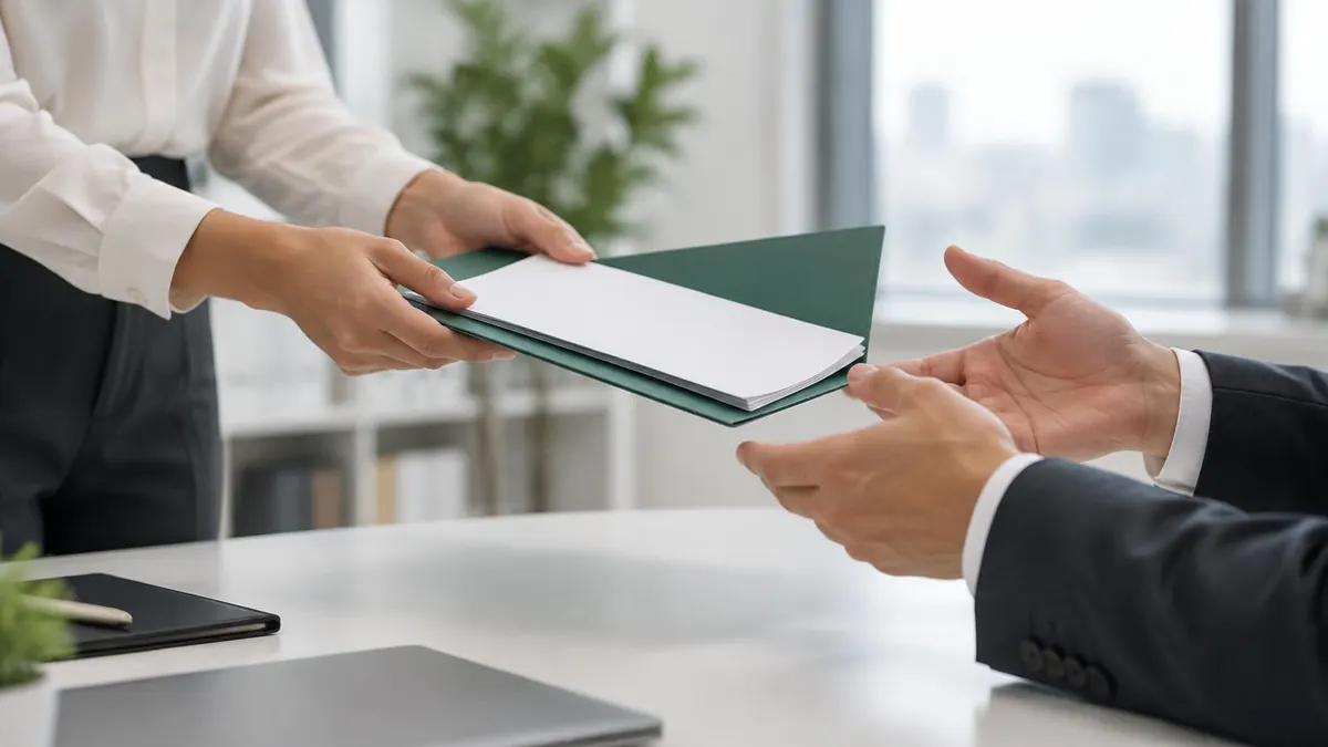 A new employee at an office desk handing a folder of documents to a manager