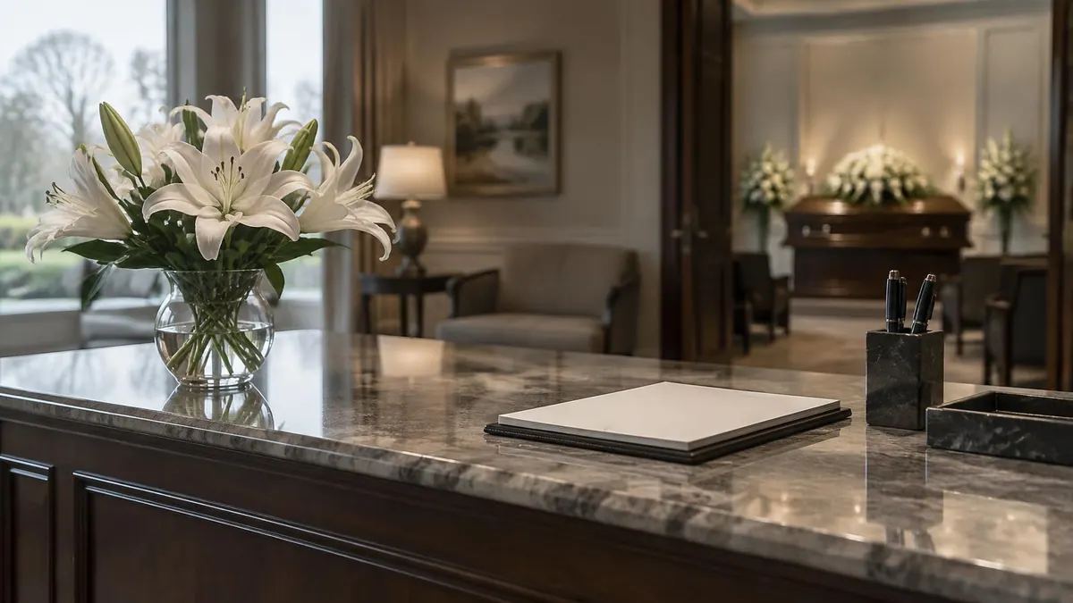 A quiet funeral home reception desk with a notepad and a small vase of flowers