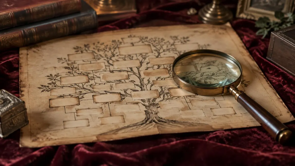 An old family tree chart and a magnifying glass on an antique desk