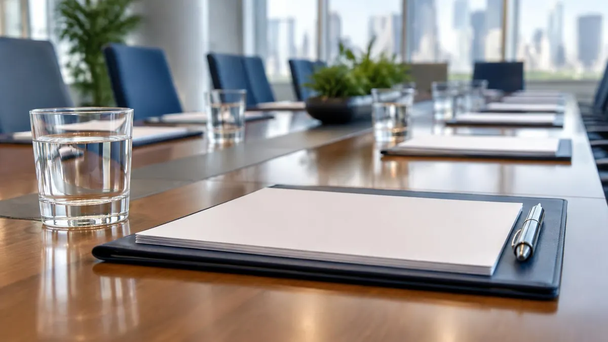 A conference table with flags of several countries and a folder of documents, no text visible