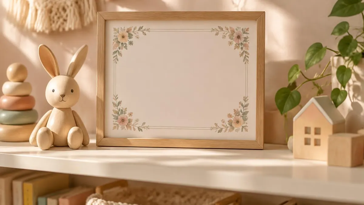 A framed decorative birth certificate with ornamental border on a nursery shelf, no readable text