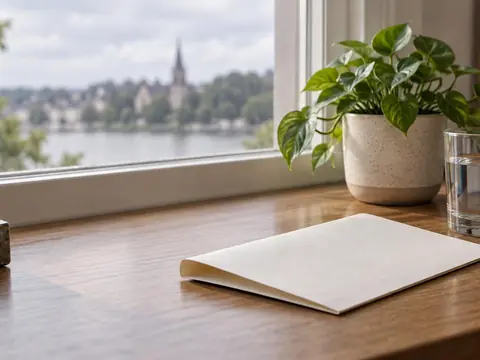 A folded document, a potted plant and a glass of water on a windowsill desk