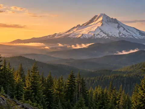 Mount Hood above an evergreen Oregon forest at golden hour